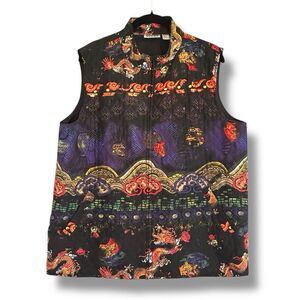 Vintage Chico’s Design 100% Silk Dragon Print Vest Size XL Zippered Wearable Art